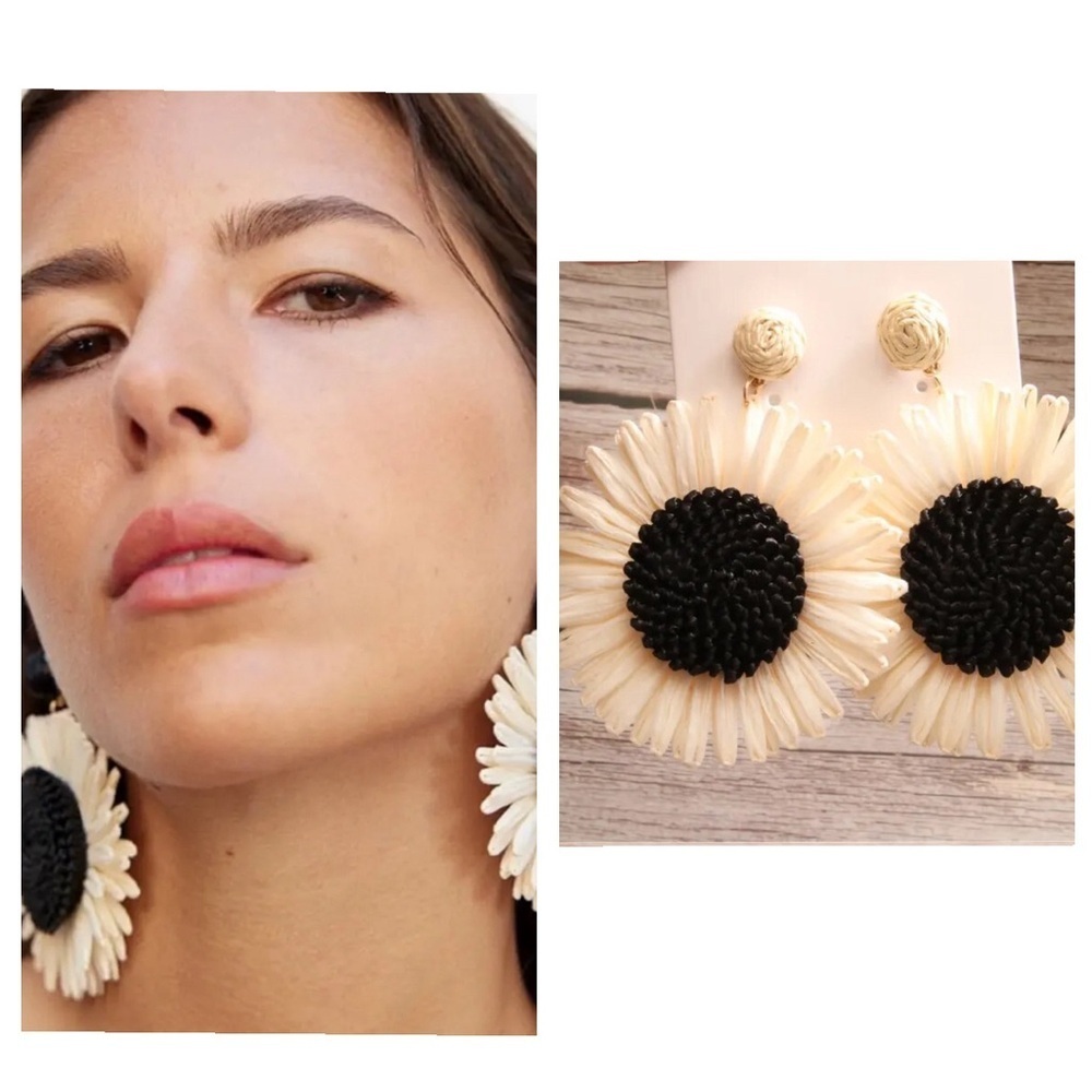 White Button Raffia Flower Earrings